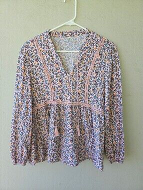 Mudd Pink Floral Tassel Peasant Top Juniors Sz XXL Boho V-neck Cottagecore
